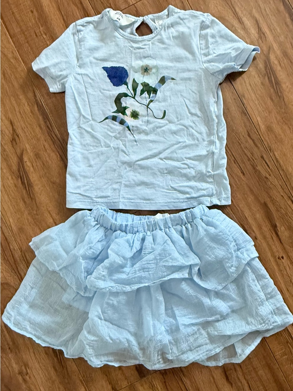 H&M Light Blue Floral Tee and Ruffle Skort Set
